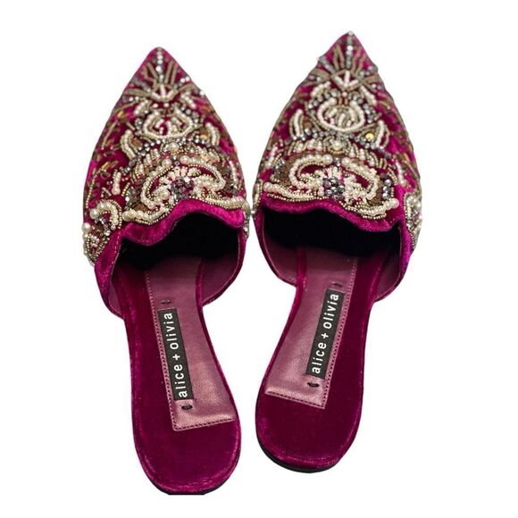 Alice + Olivia Raspberry Urtin Embellished Velvet Mules/Slides NWOB Size 8.5 - Picture 6 of 11
